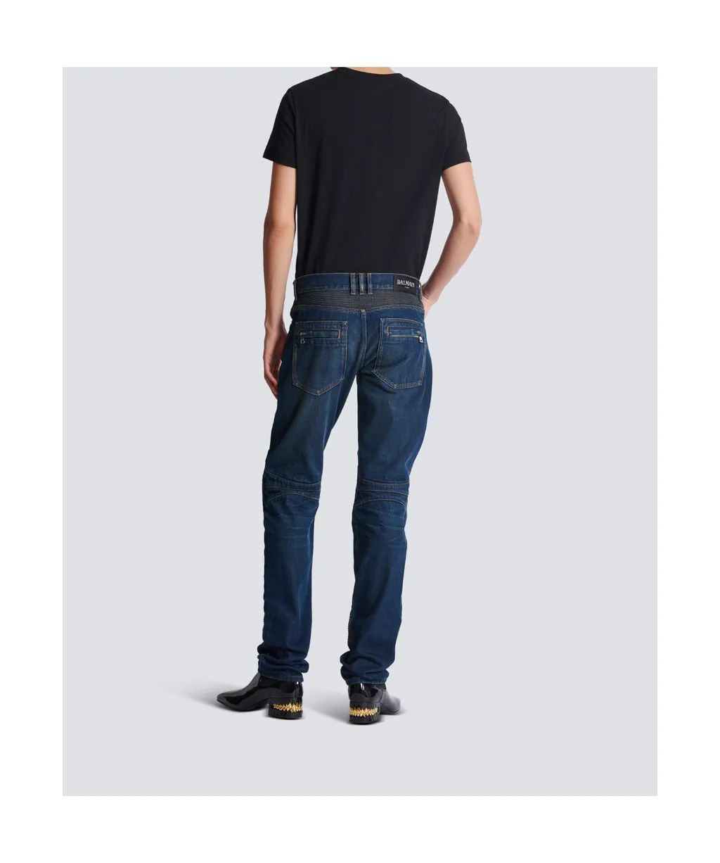 Denim Straight-Leg Biker Jeans