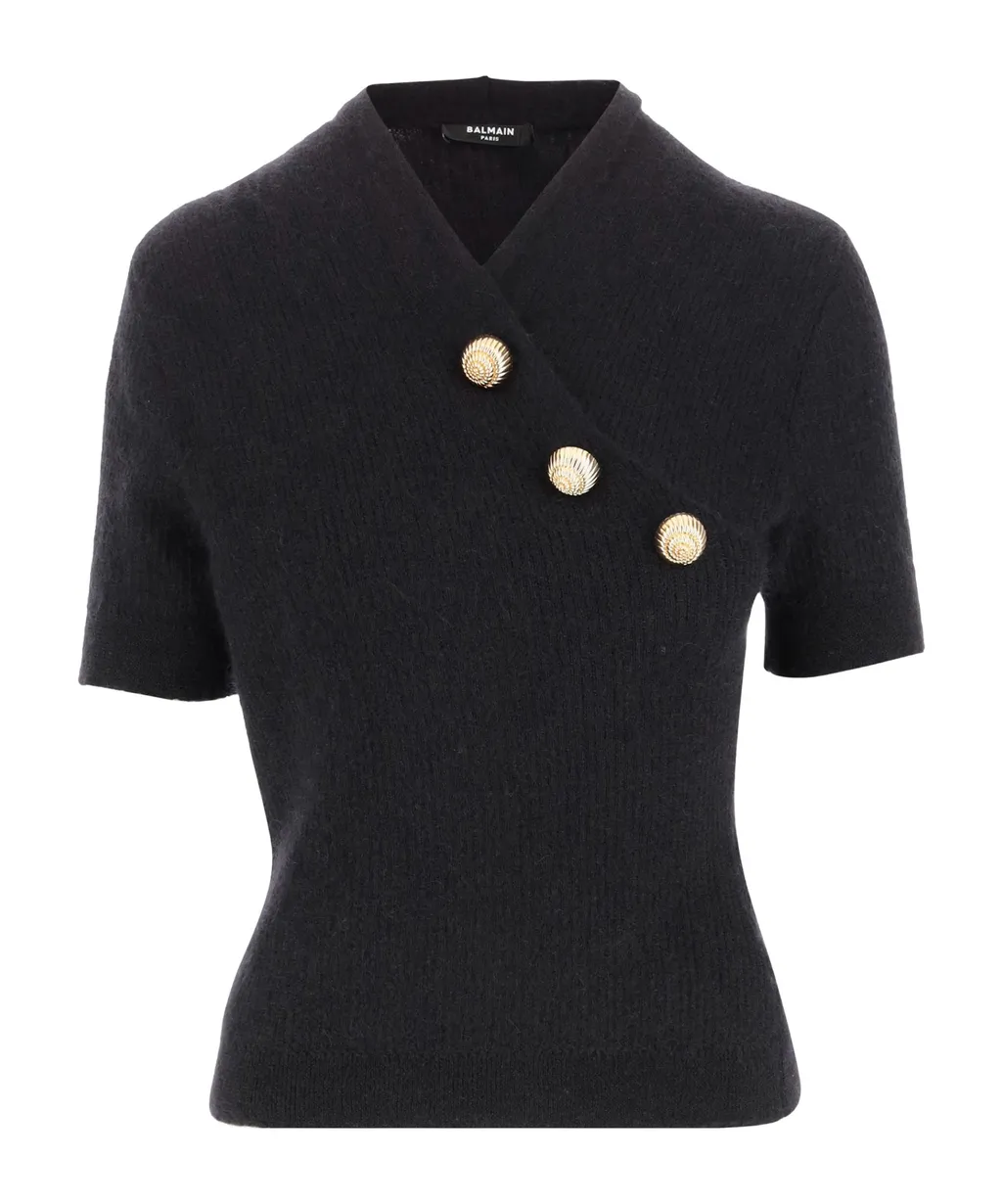 Button Detailed Knit Short-Sleeve T-Shirt
