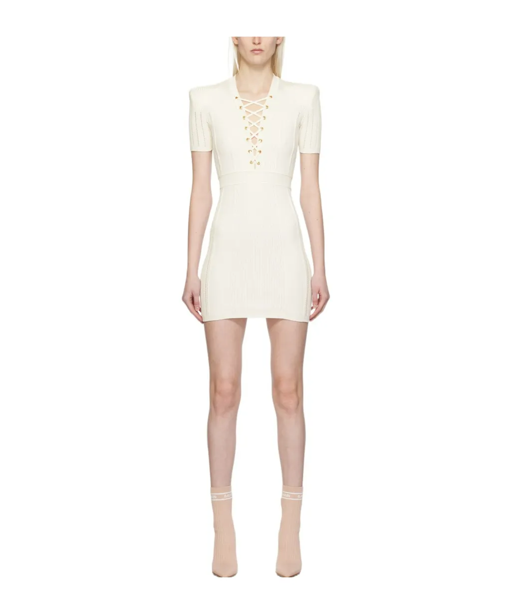 Laced V-Neck Short-Sleeved Dress