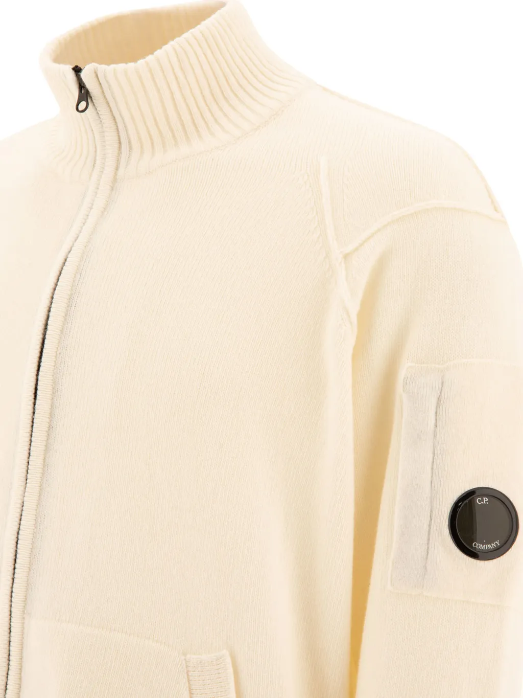 Lens Detailed Zip-Up Knitted Cardigan