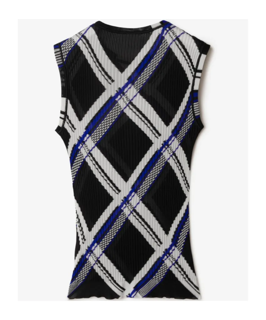 Checked Ribbed-Knit Sleeveless Top