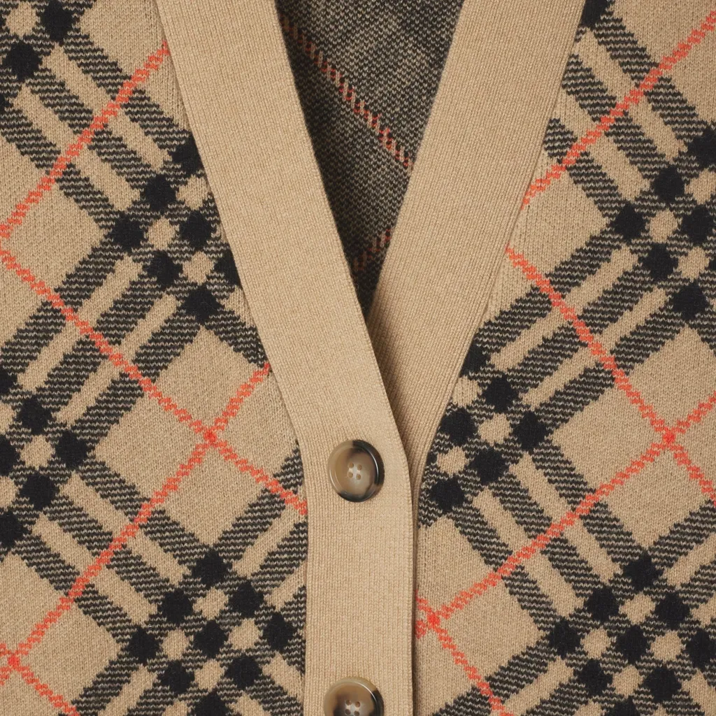 Checked V-Neck Buttoned Cardigan
