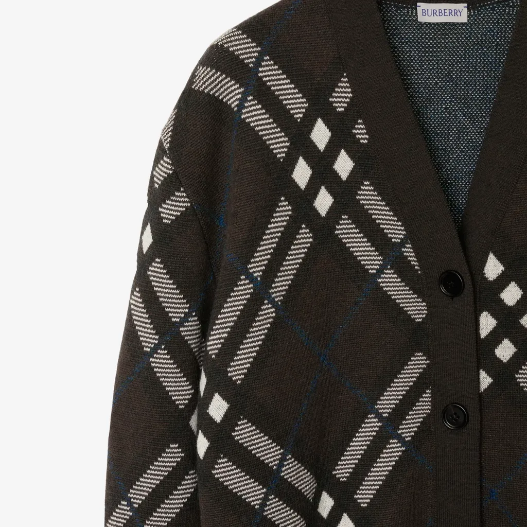 Checked V-Neck Buttoned Cardigan