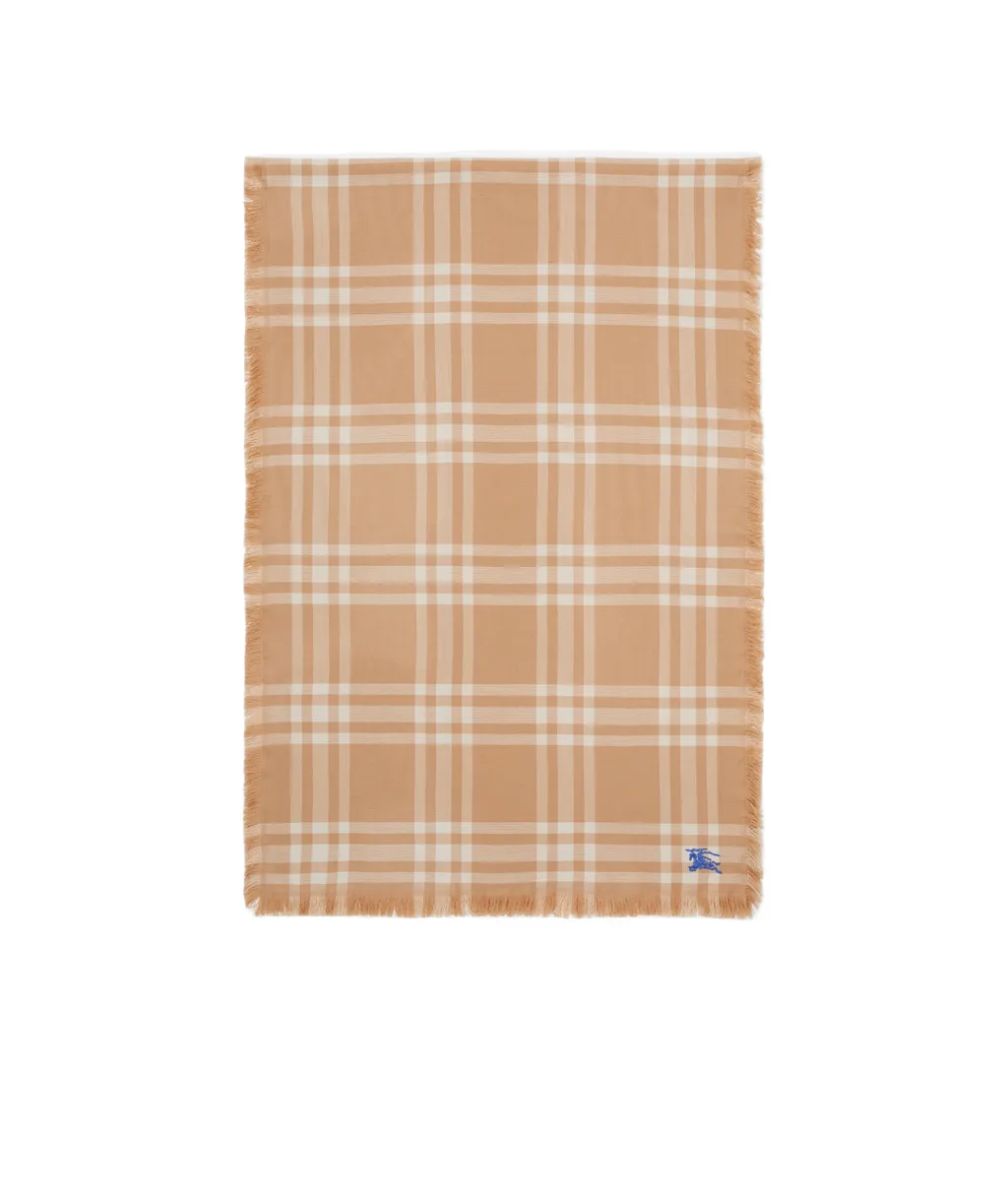 Logo Embroidered Check-Pattern Frayed-Edge Scarf