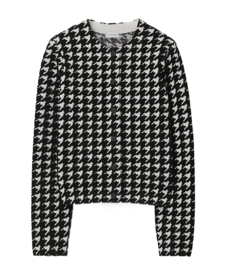 Houndstooth-Pattern Crewneck Buttoned Cardigan