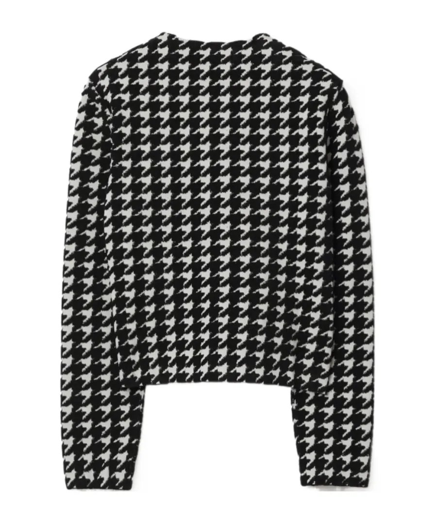 Houndstooth-Pattern Crewneck Buttoned Cardigan