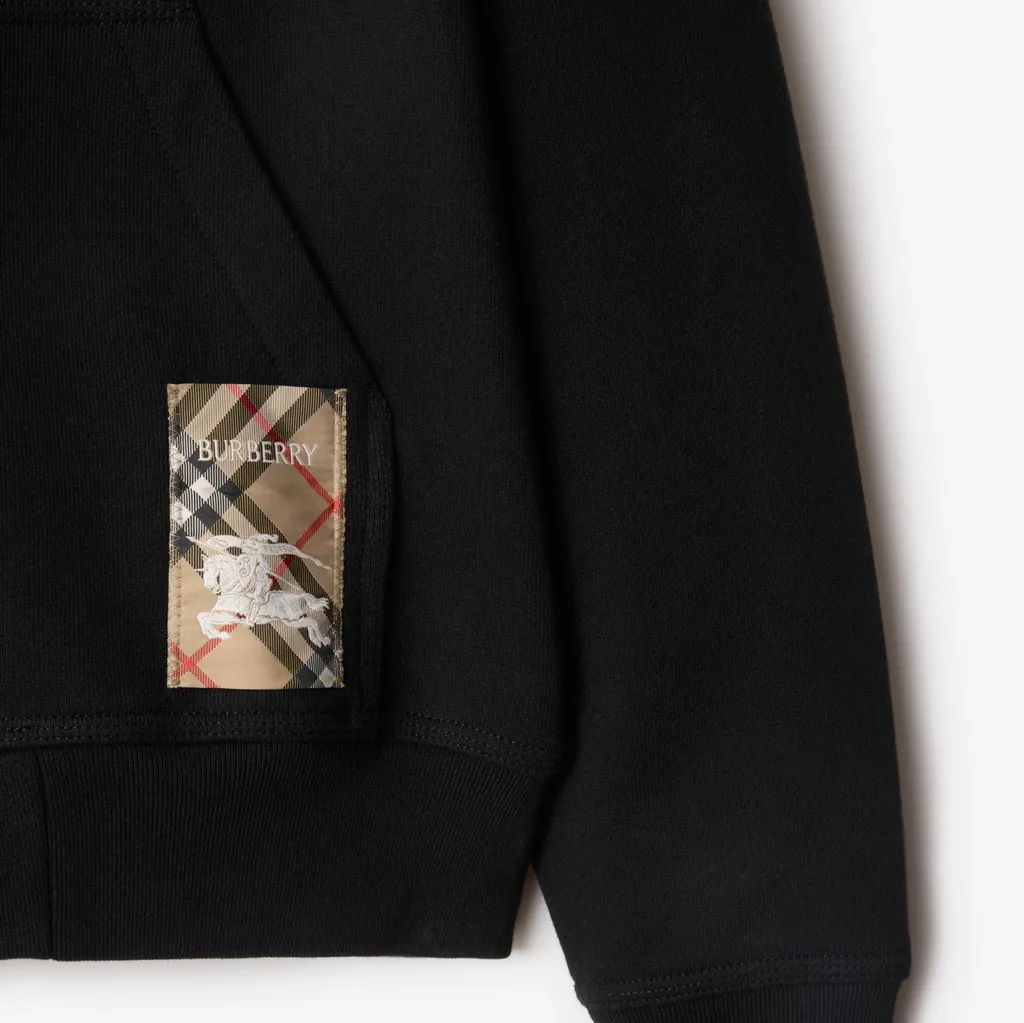 Check-Label Zip-Up Drawstring Hoodie