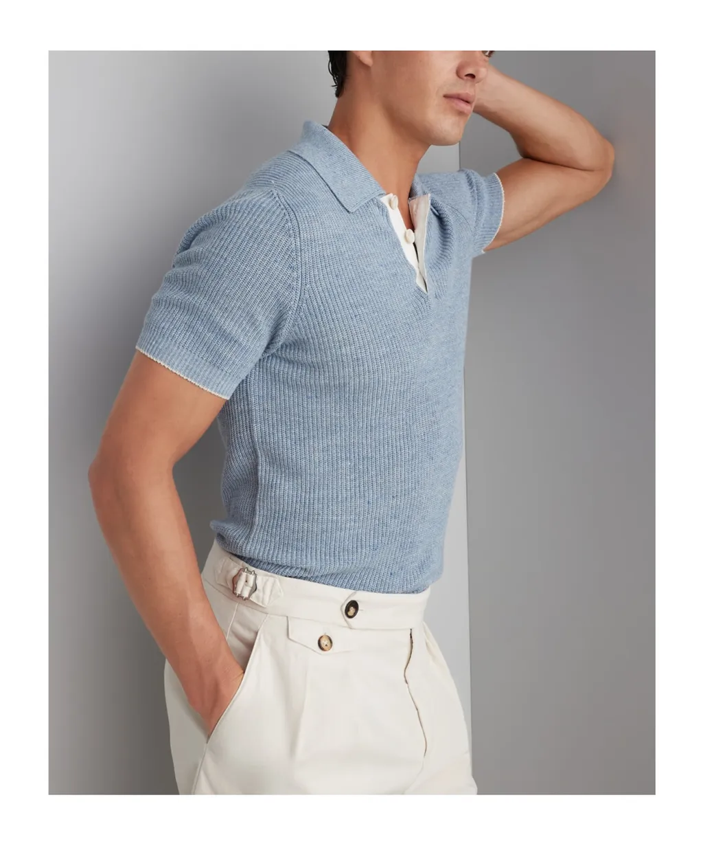 Short Sleeved Ribbed-Knit Polo Shirt