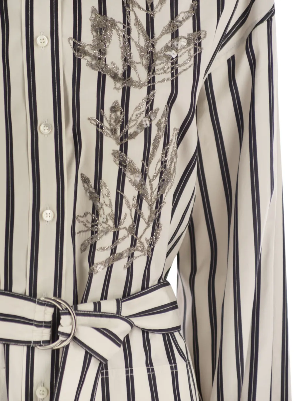 Floral-Embroidered Belted Shirt Dress