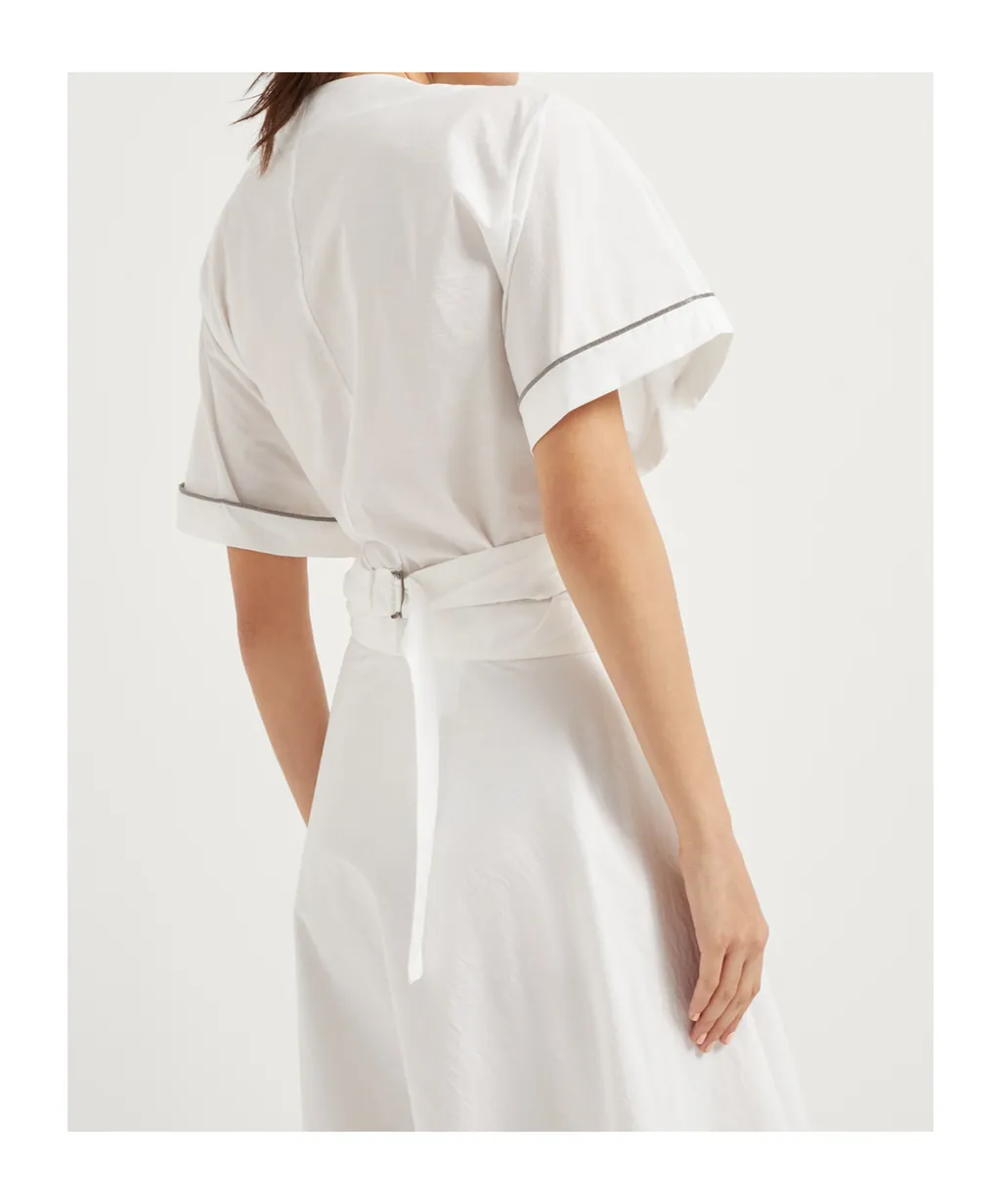 Shiny Trim Poplin Kimono-Style Top