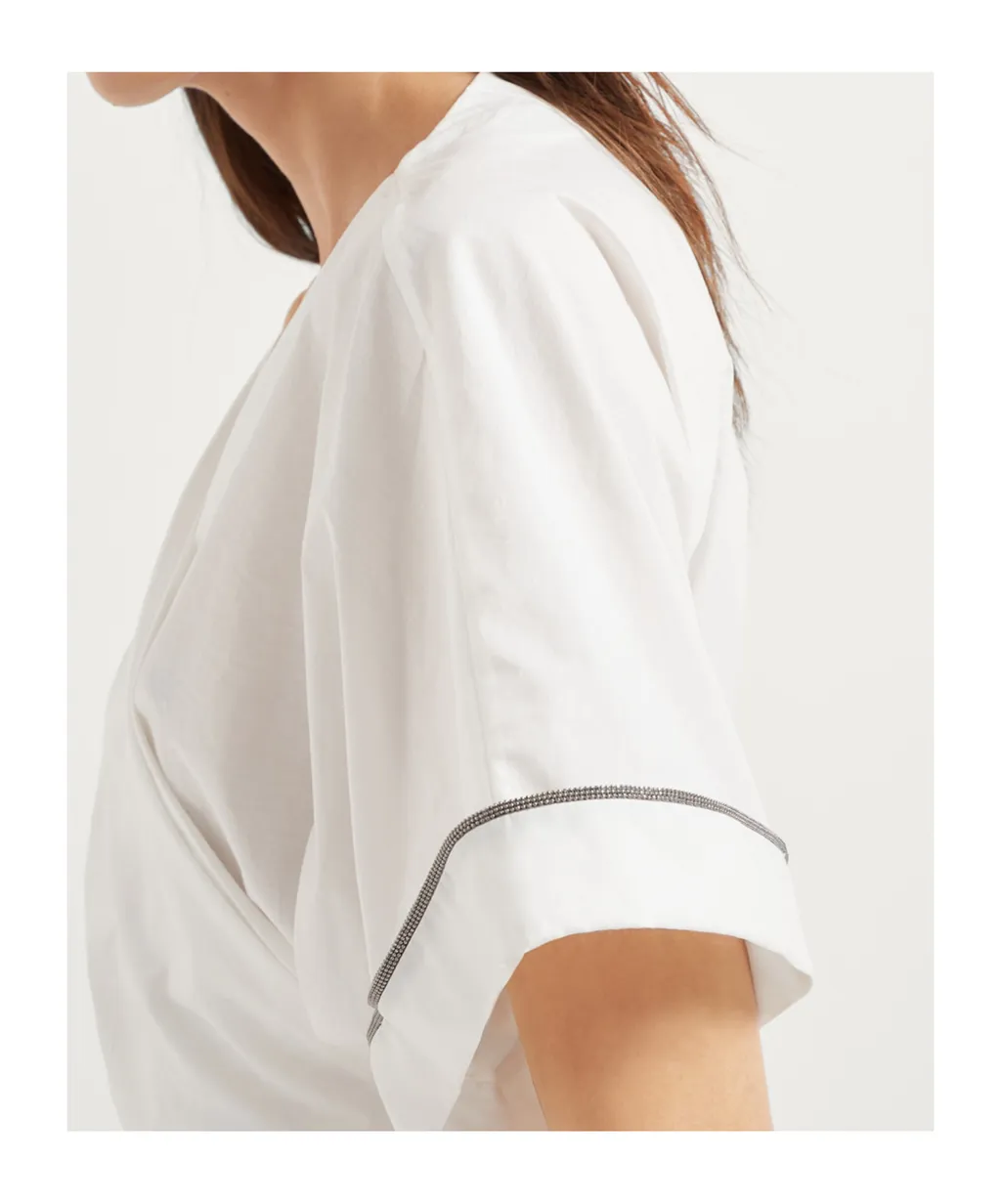 Shiny Trim Poplin Kimono-Style Top