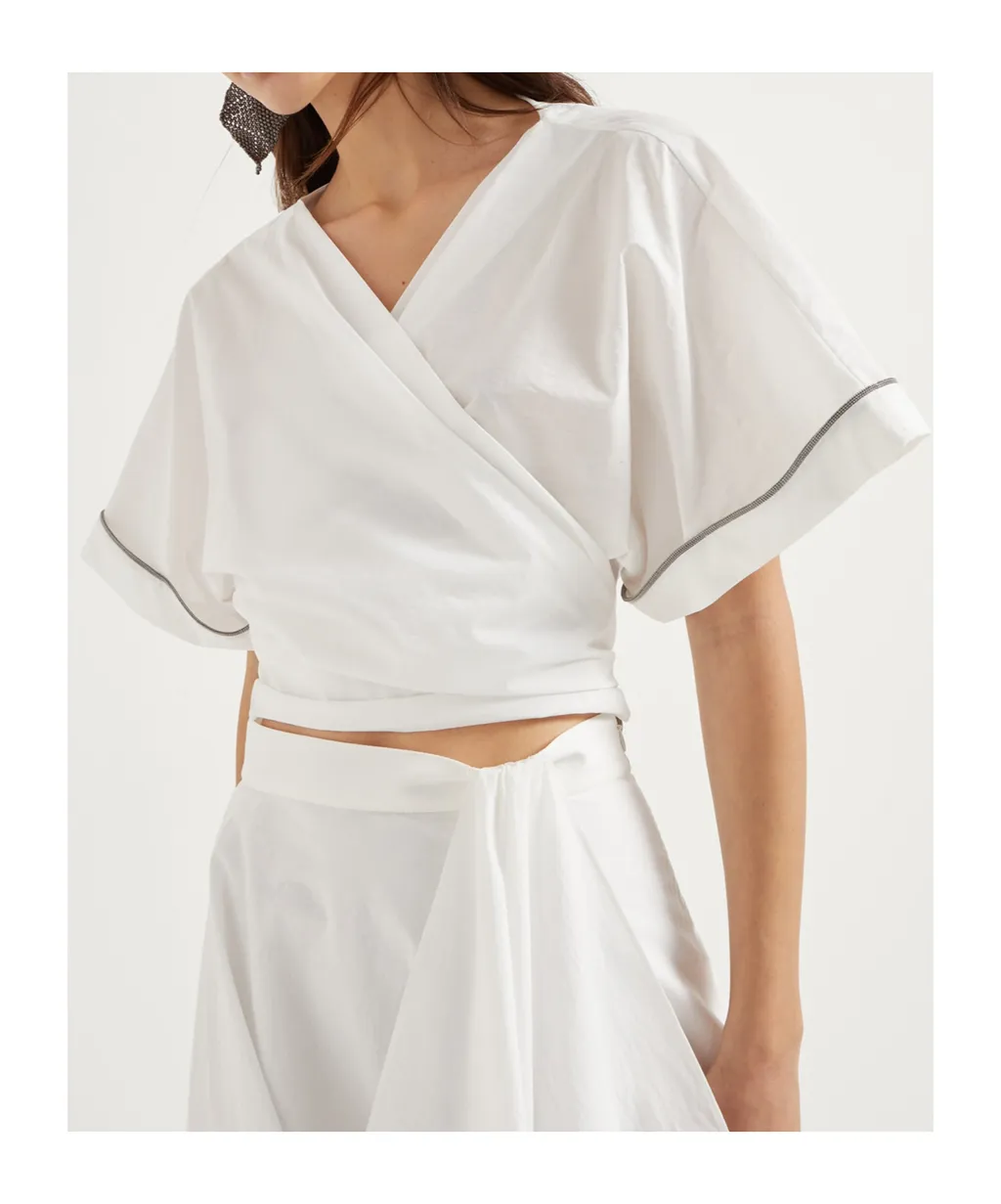 Shiny Trim Poplin Kimono-Style Top