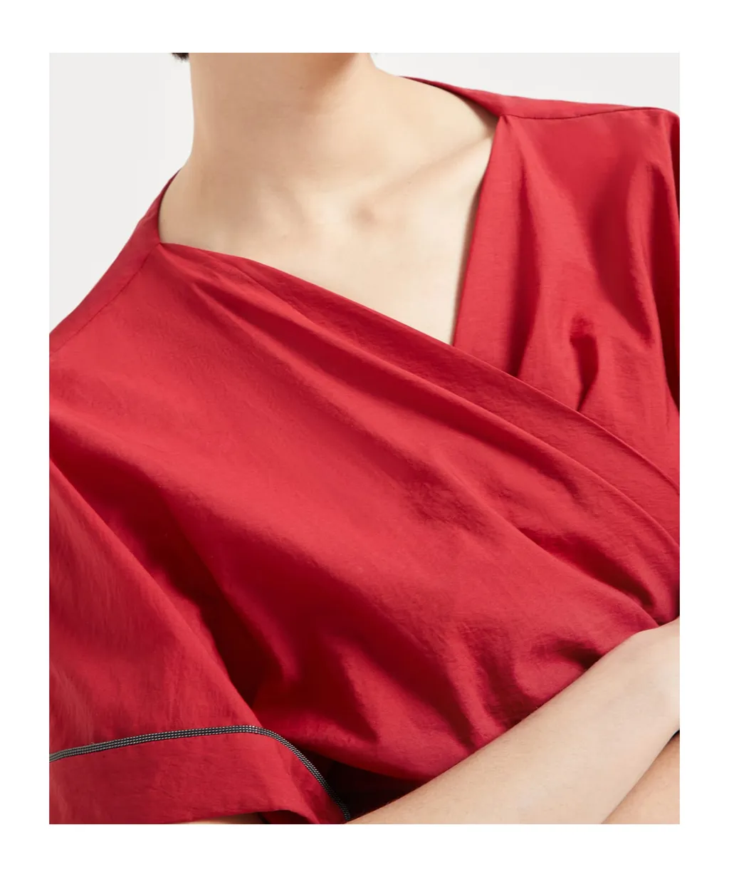 Shiny Trim Poplin Kimono-Style Top