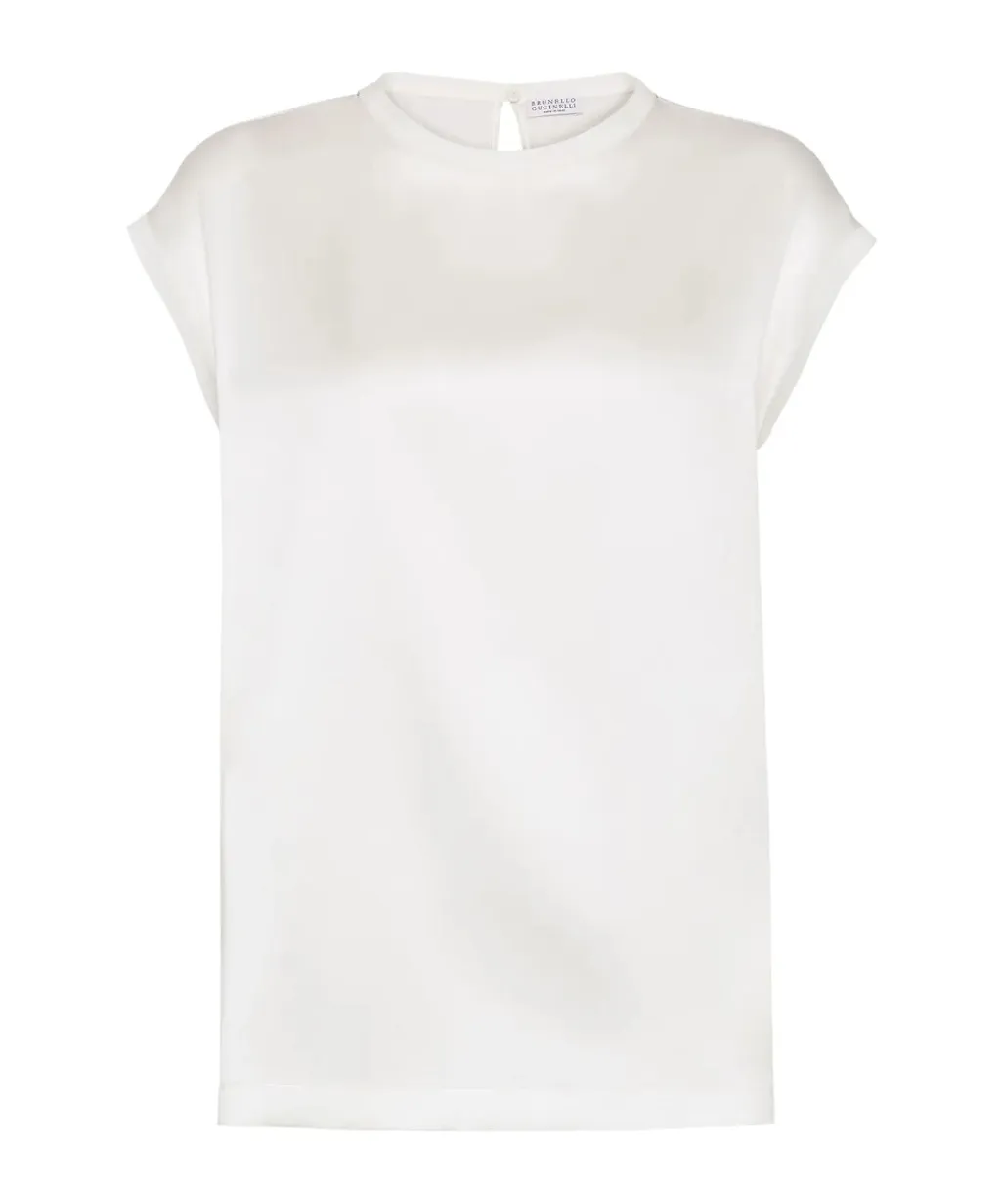 Cap-Sleeved Crewneck Satin Blouse