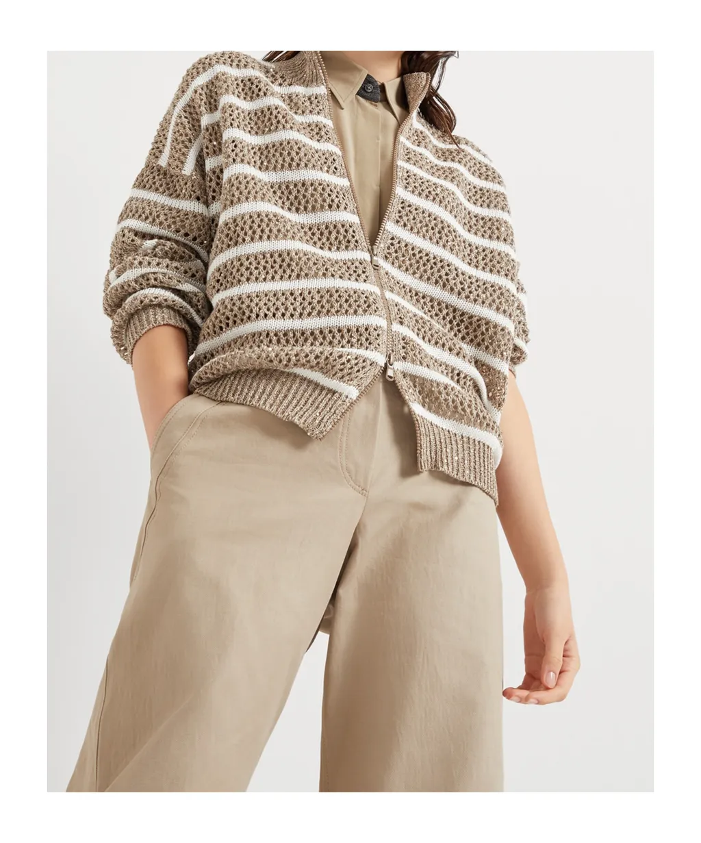Striped Zip-Up Knitted Cardigan