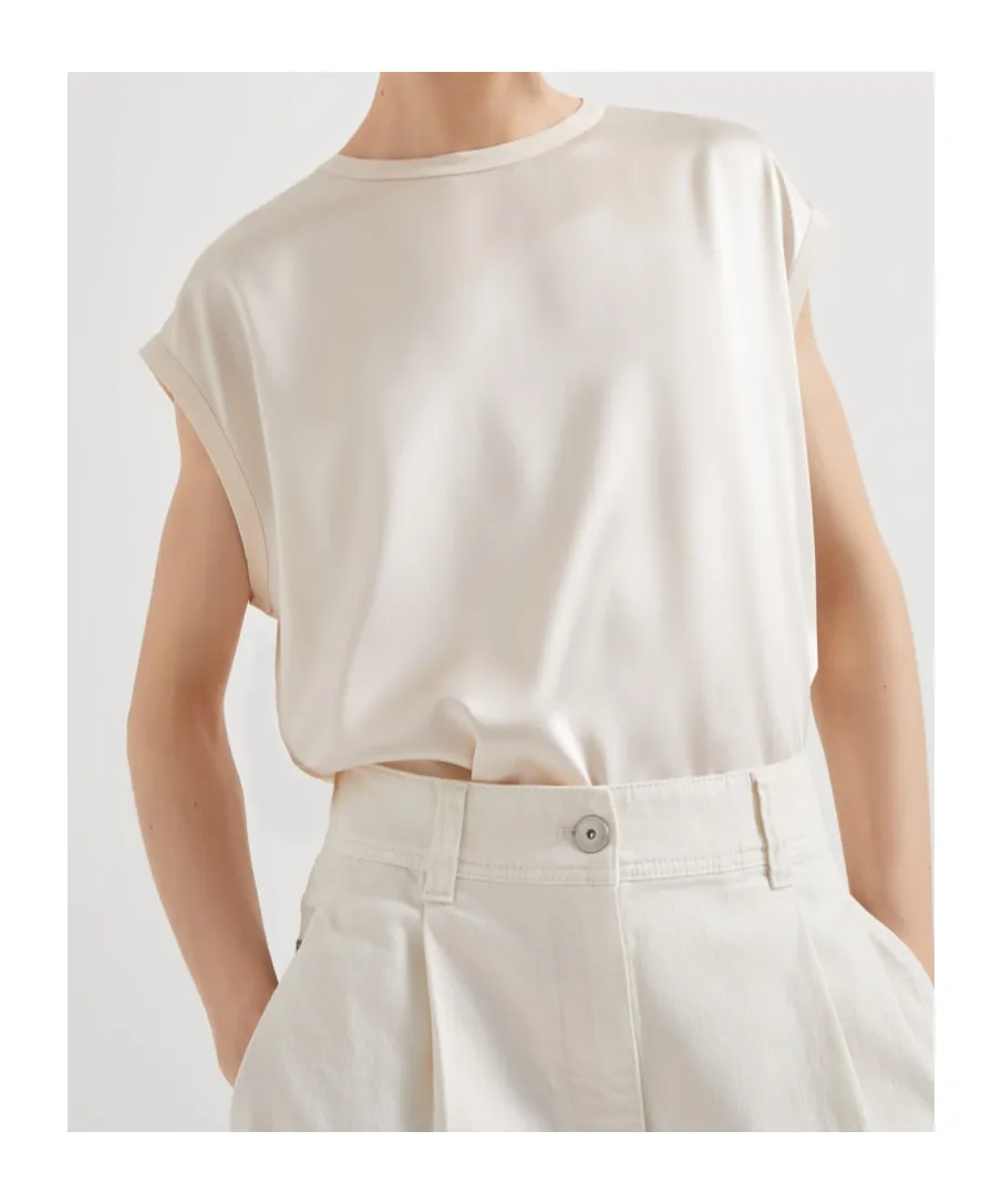 Cap-Sleeved Crewneck Satin Blouse