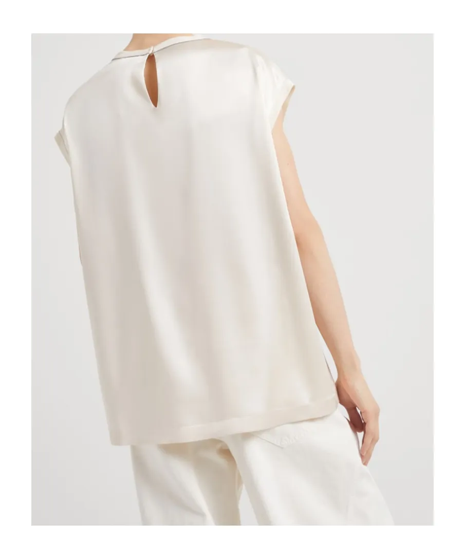 Cap-Sleeved Crewneck Satin Blouse