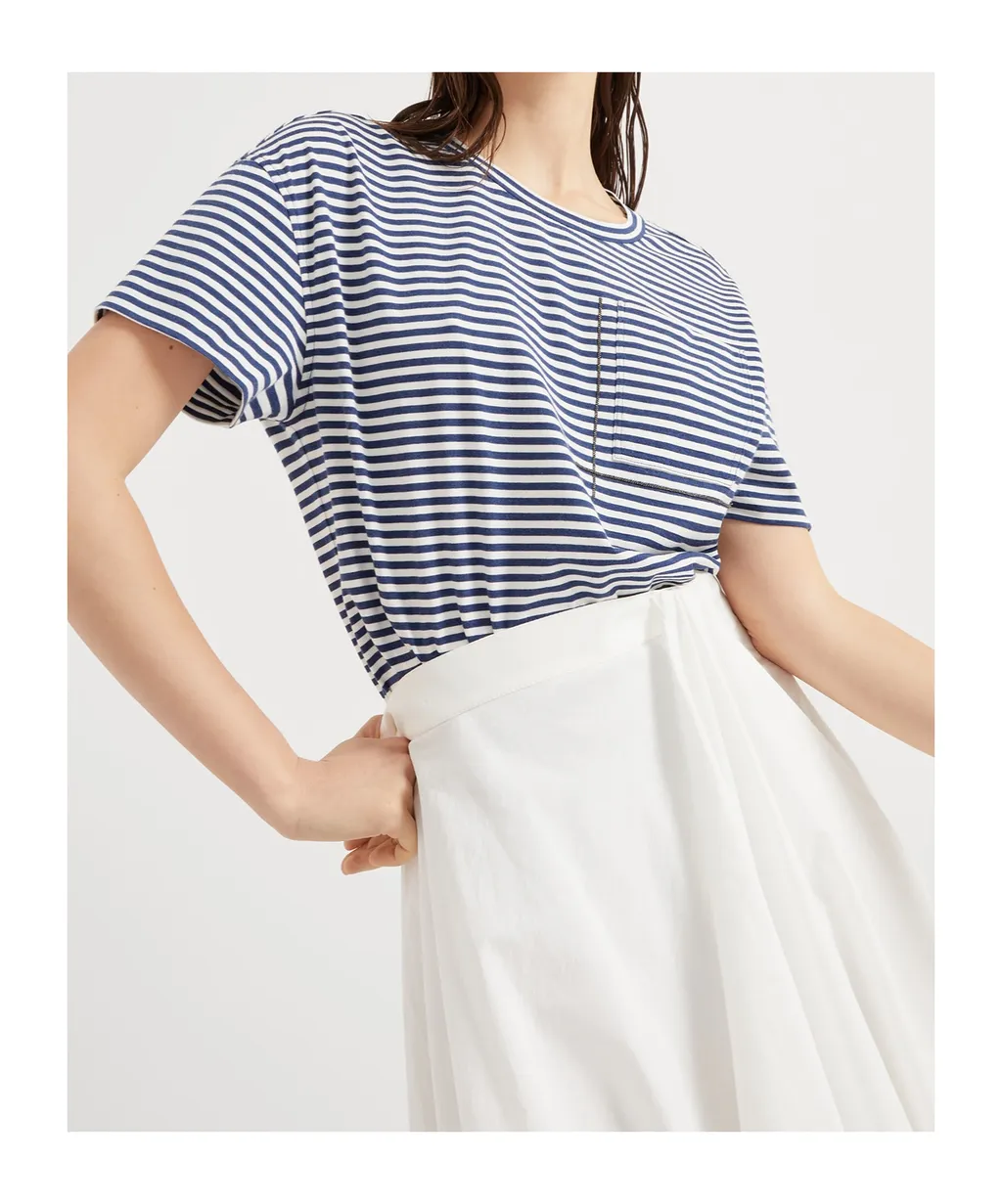 Shiny Pocket Detail Striped Jersey T-Shirt