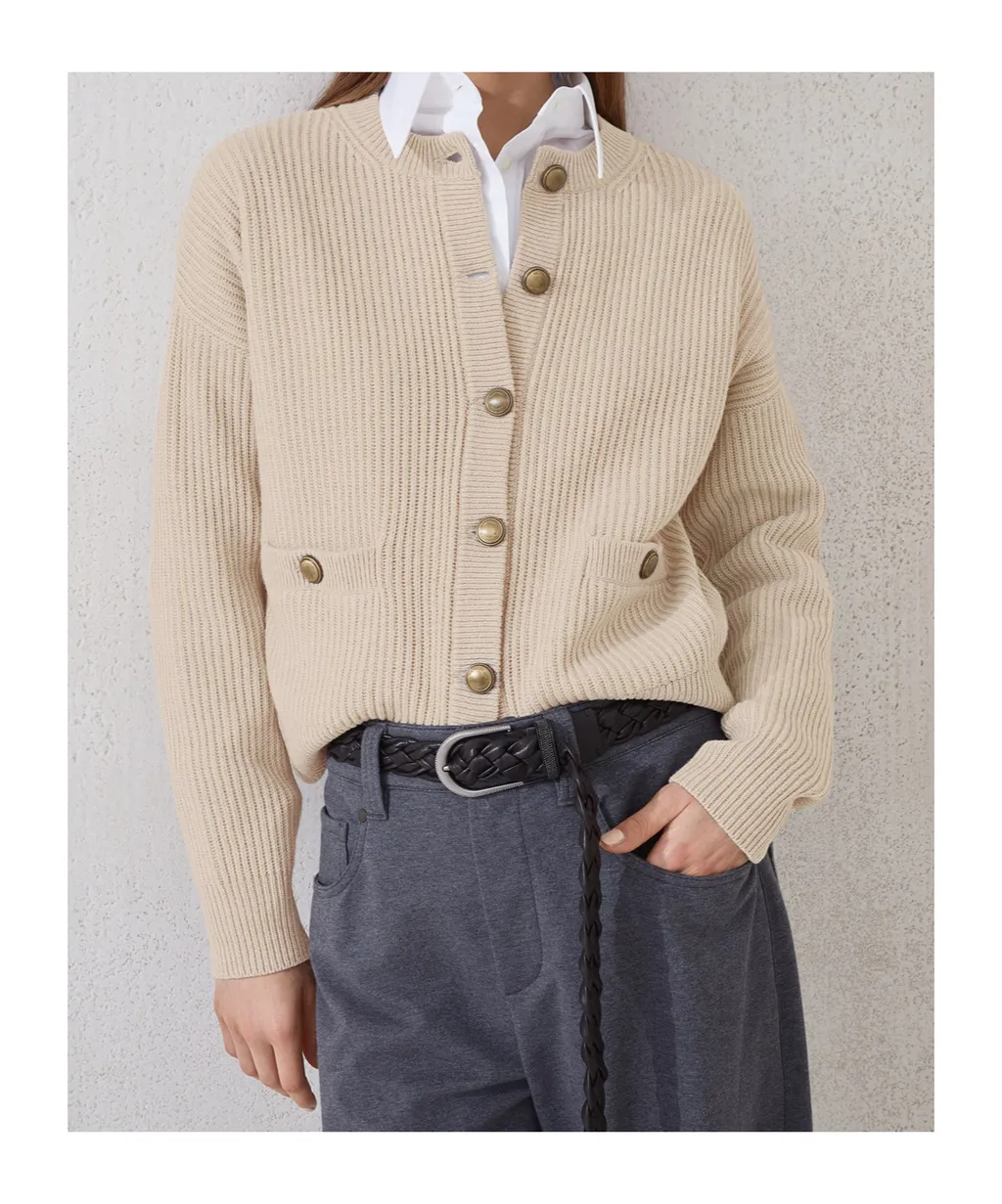 English Ribbed-Knit Button-Up Cardigan