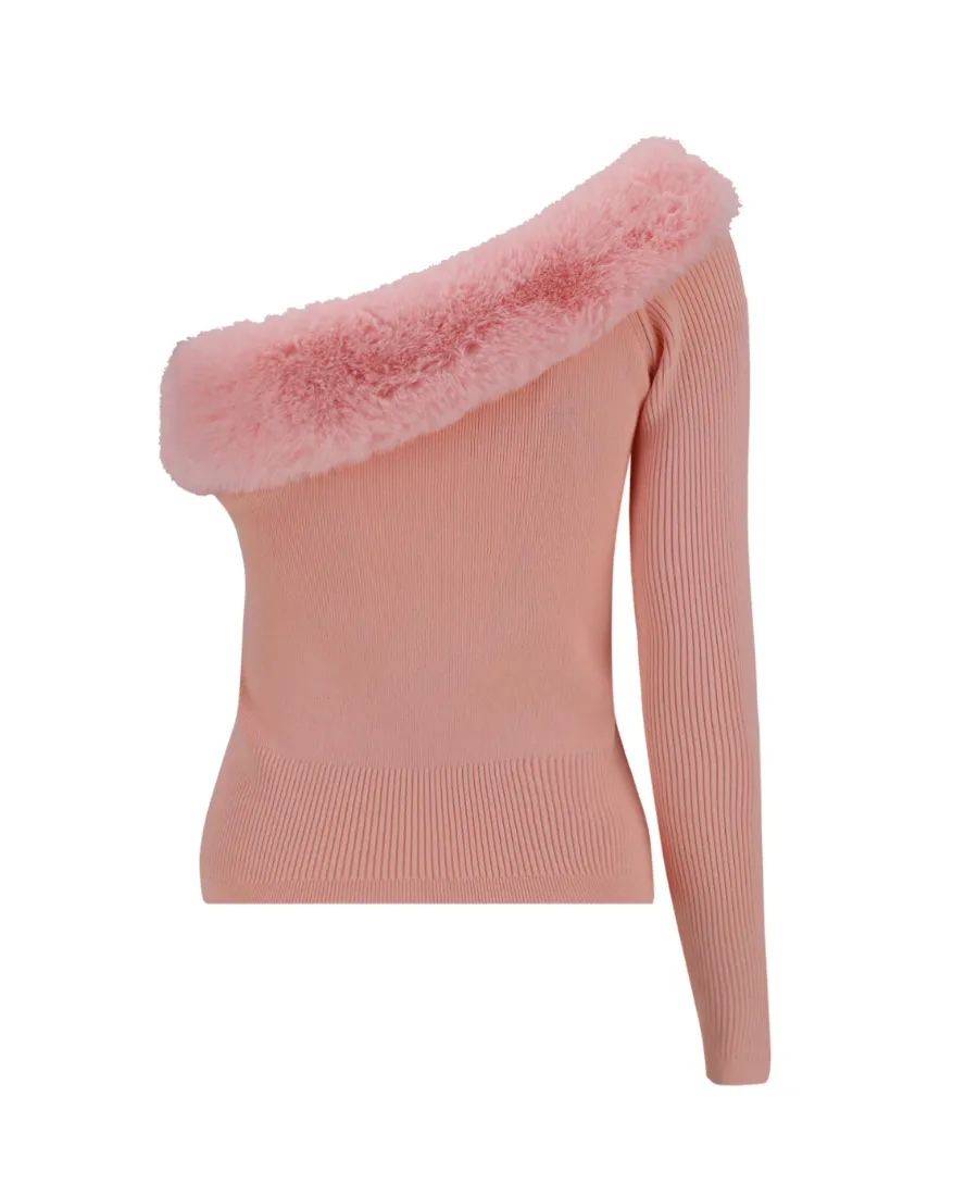 Faux-Fur Detail One-Shoulder Top