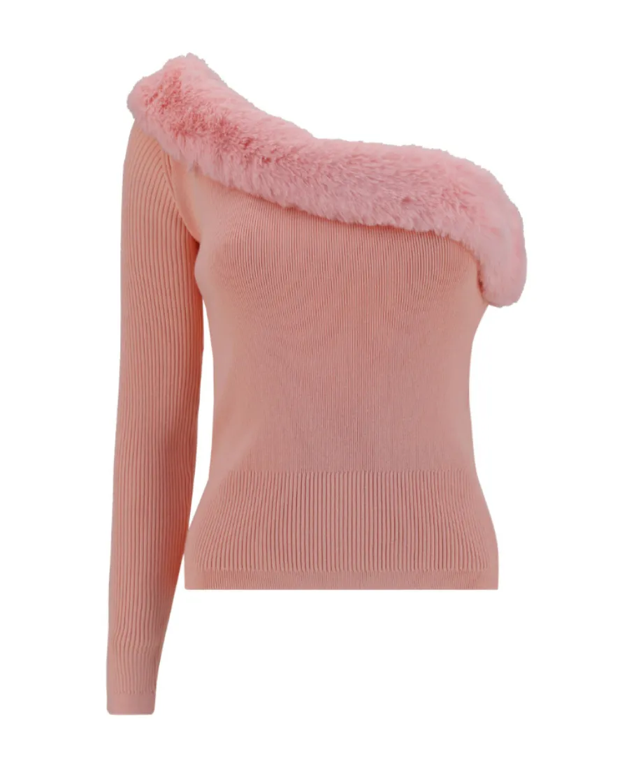 Faux-Fur Detail One-Shoulder Top