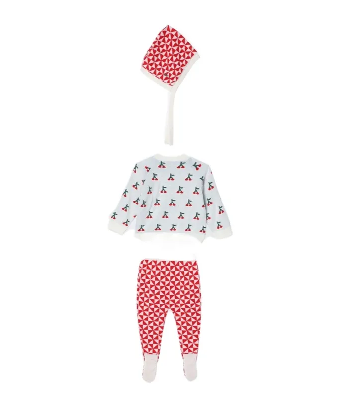Cherry Pattern Sweater, Elastic Waist Pants, Hat
