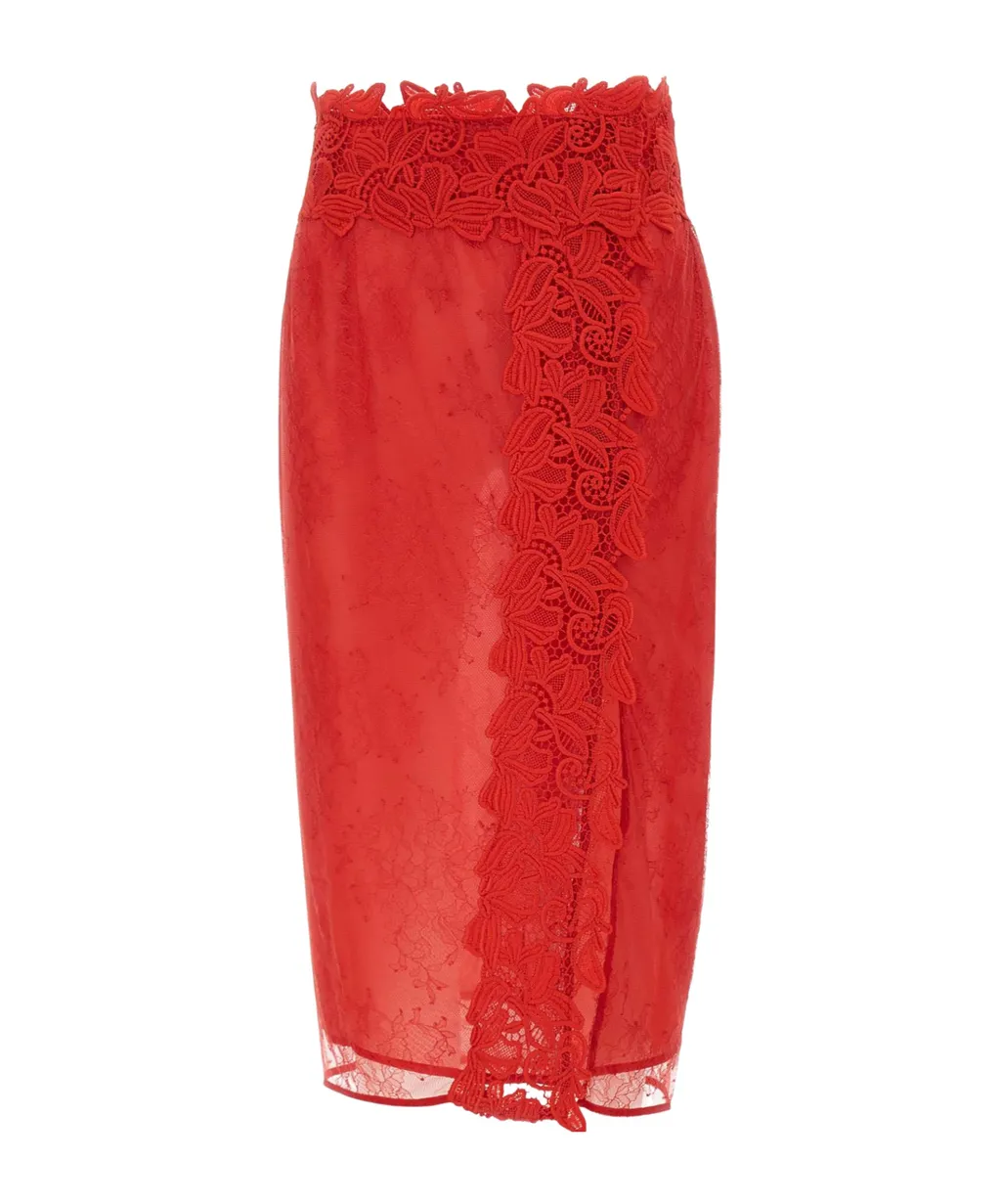 Floral Embroidered Lace Midi Skirt