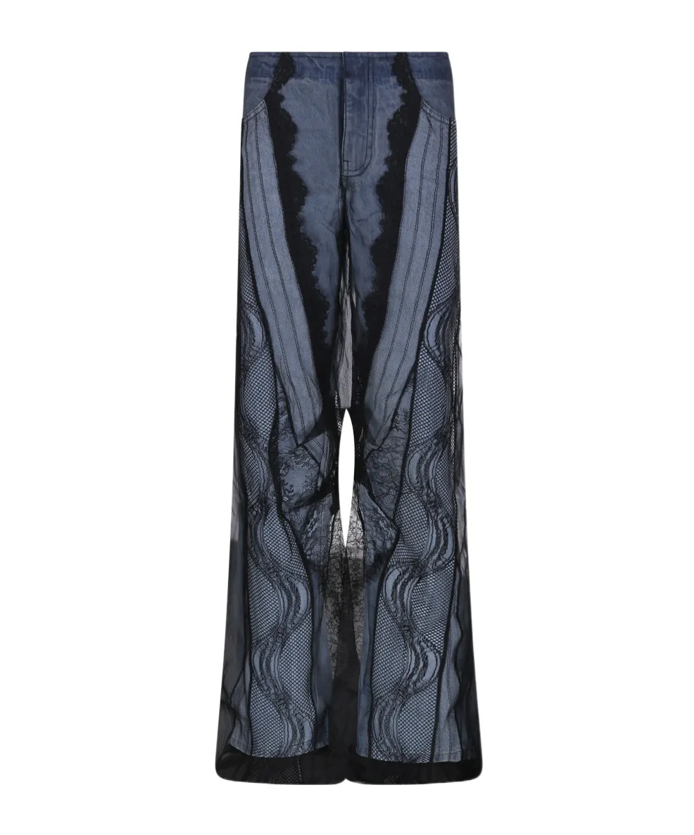 Sheer-Overlay Wide-Leg Jeans