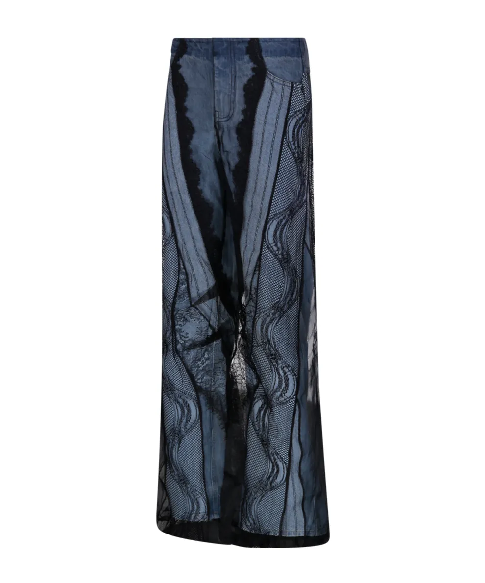 Sheer-Overlay Wide-Leg Jeans