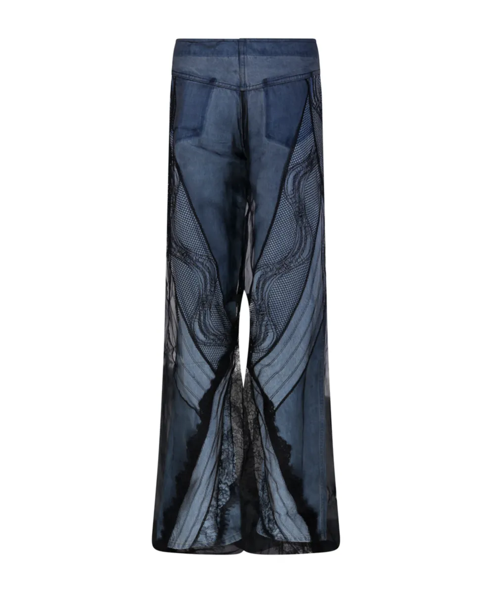 Sheer-Overlay Wide-Leg Jeans