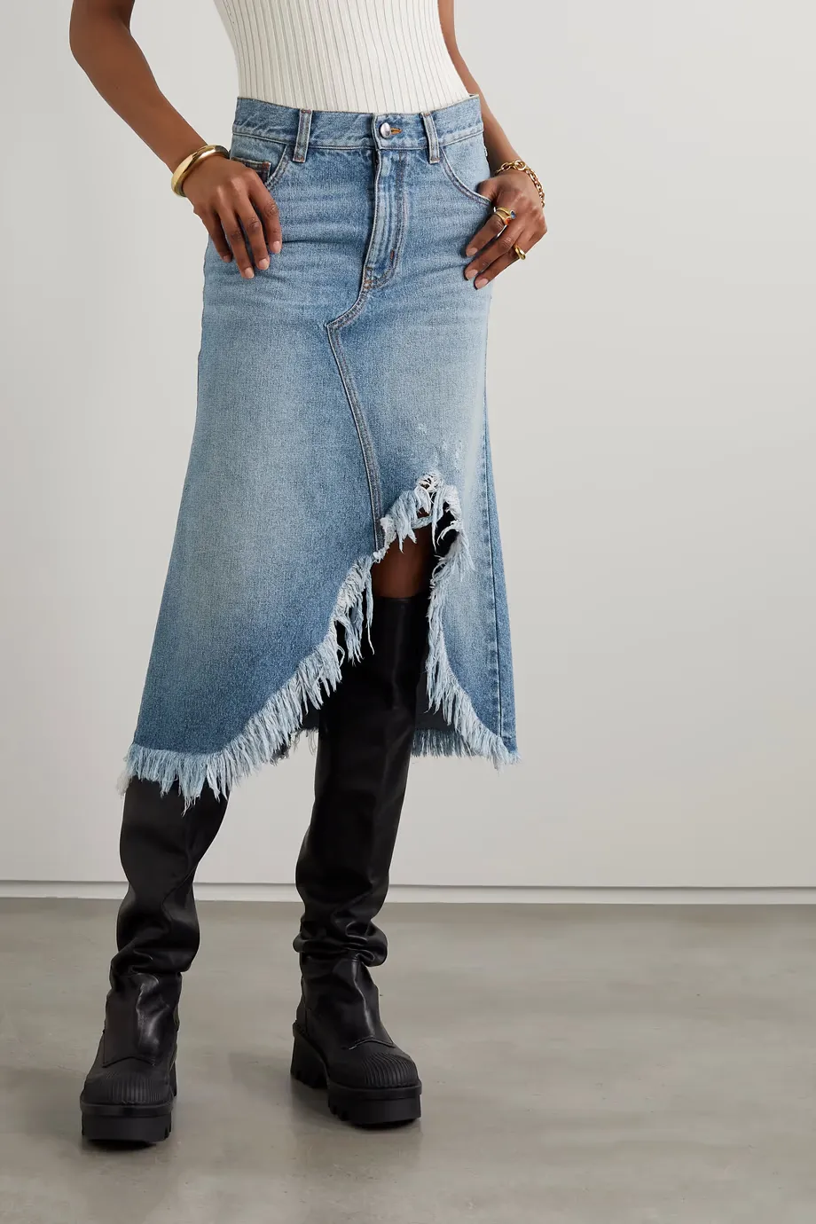 Asymmetric Denim Midi Skirt