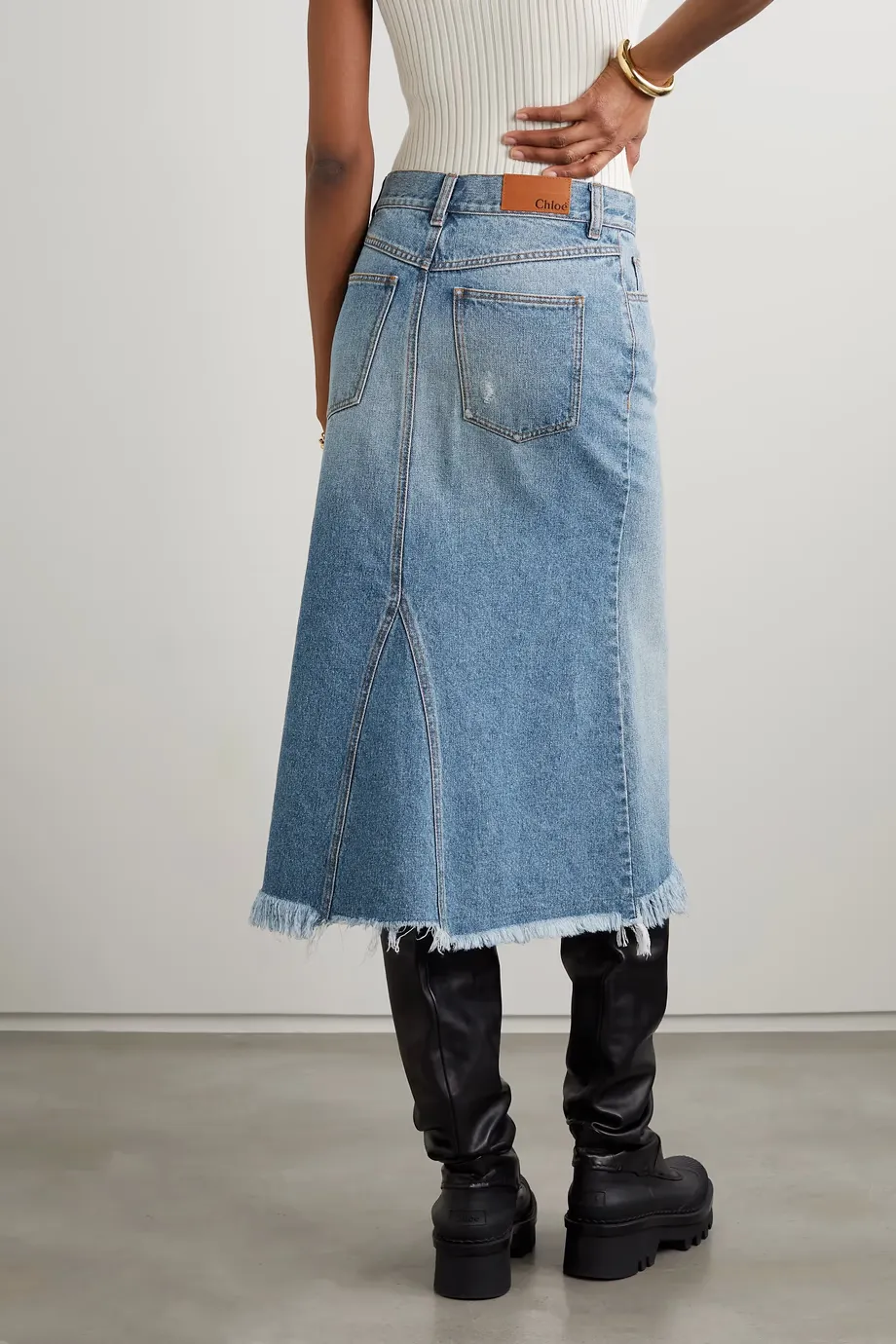 Asymmetric Denim Midi Skirt