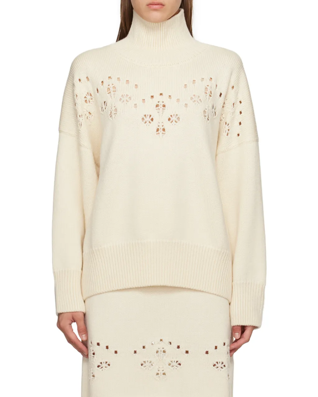Pointelle-Knit High Neck Sweater