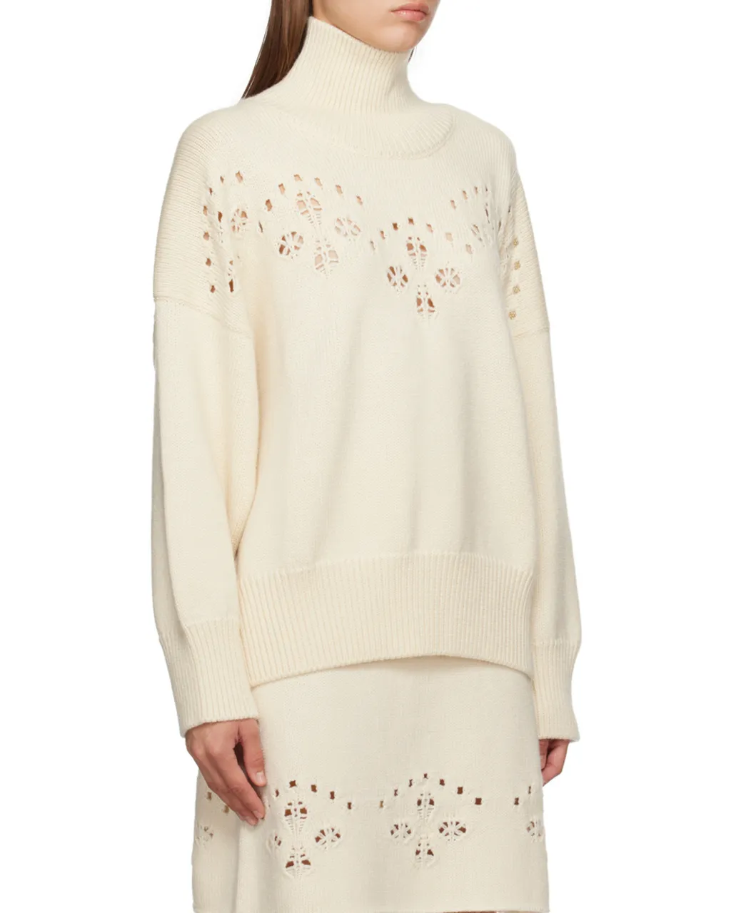 Pointelle-Knit High Neck Sweater