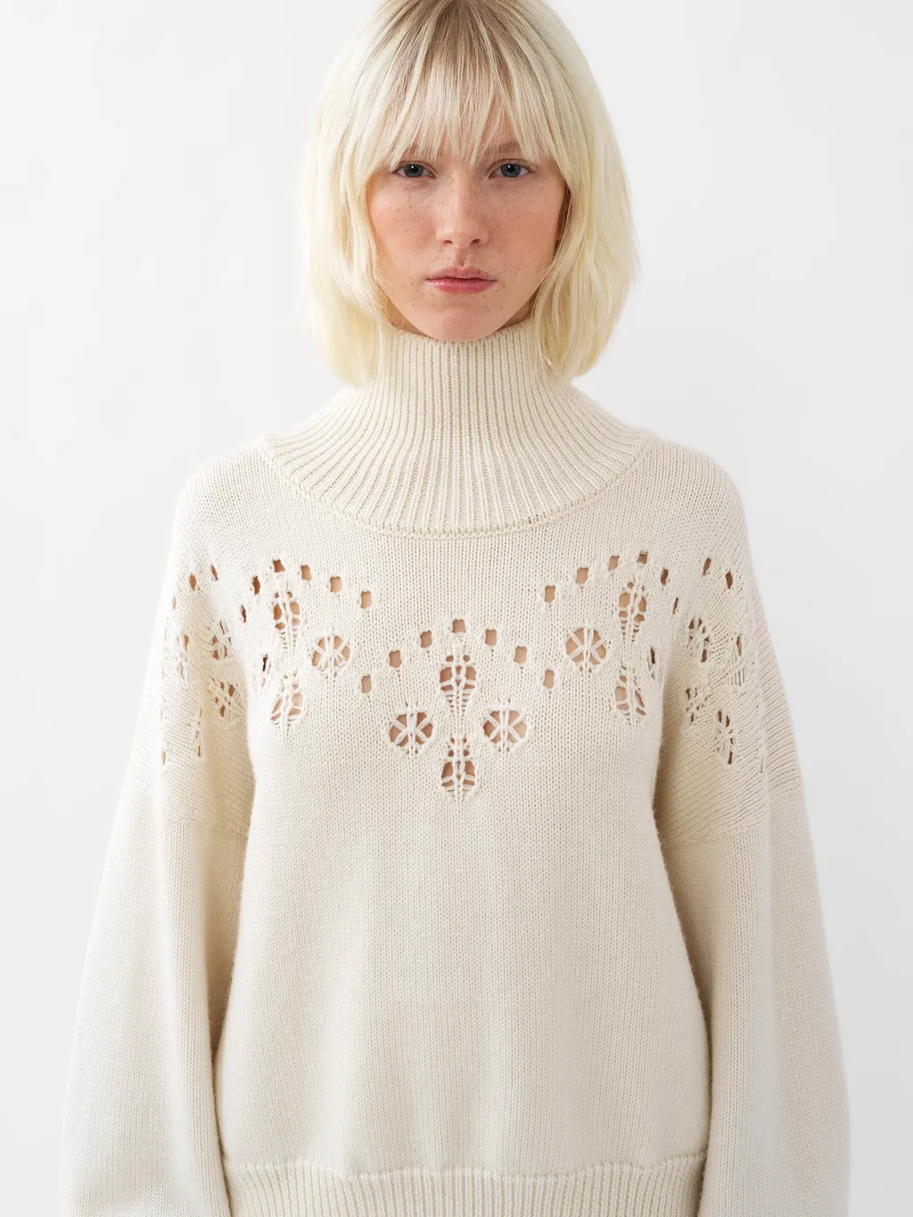 Pointelle-Knit High Neck Sweater