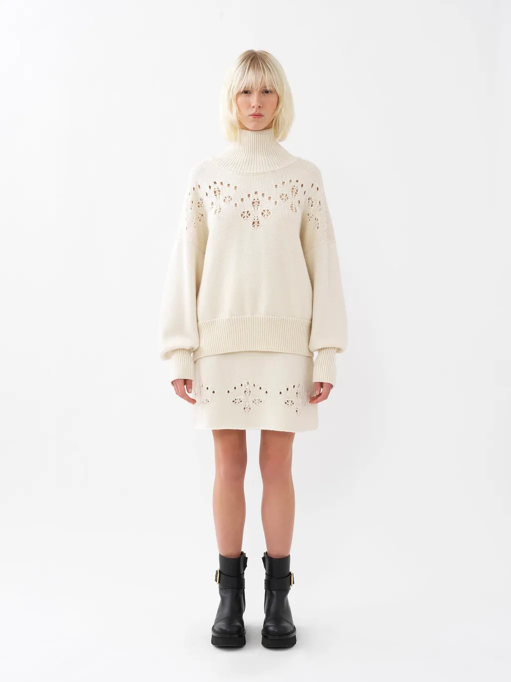 Pointelle-Knit High Neck Sweater