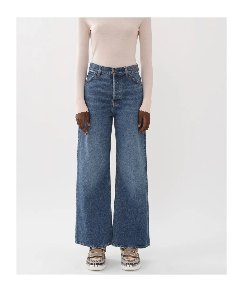 Logo Embroidered Wide-Leg Jeans