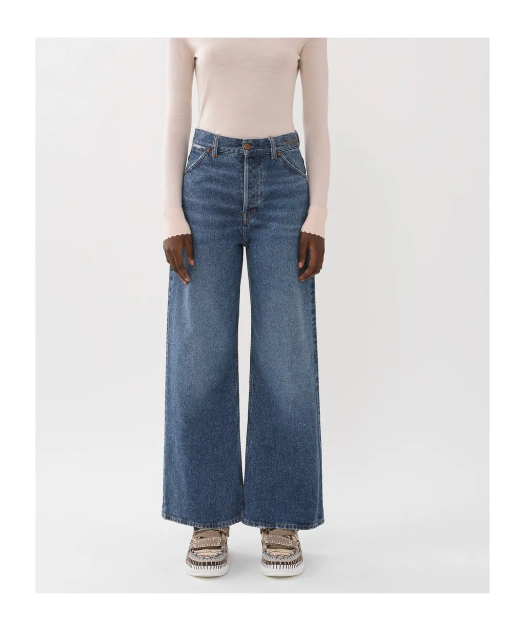 Logo Embroidered Wide-Leg Jeans