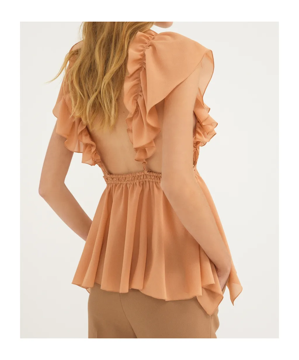 Ruffled Sleeveless Silk Blouse