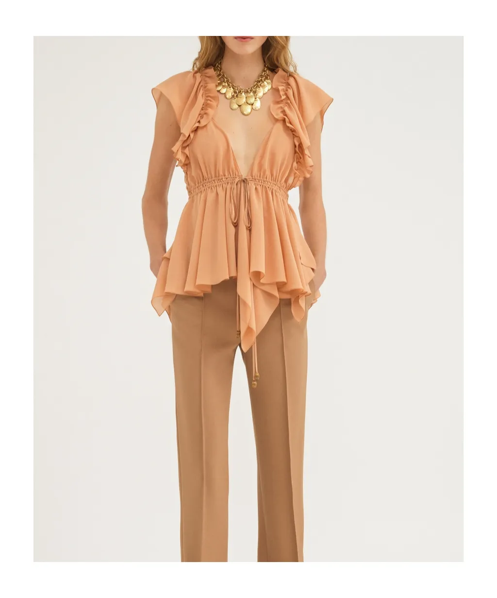 Ruffled Sleeveless Silk Blouse