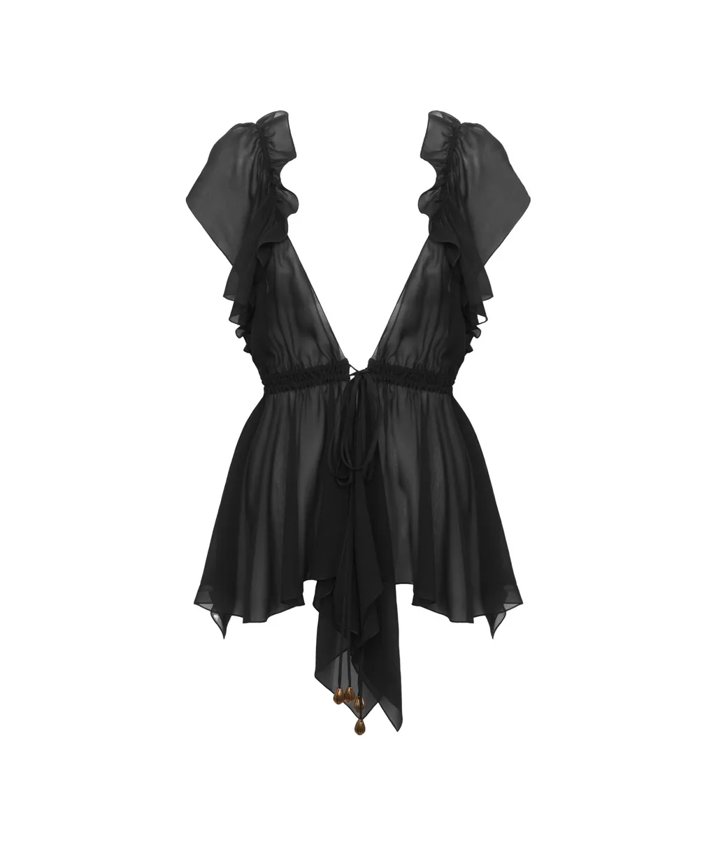 Sheer Detailed V-Neck Top