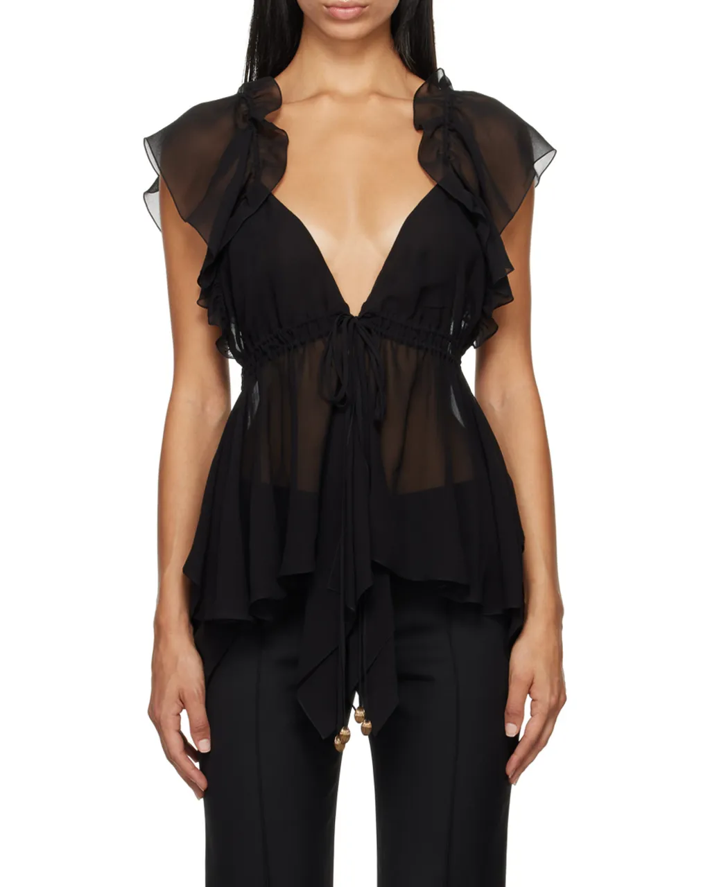 Sheer Detailed V-Neck Top
