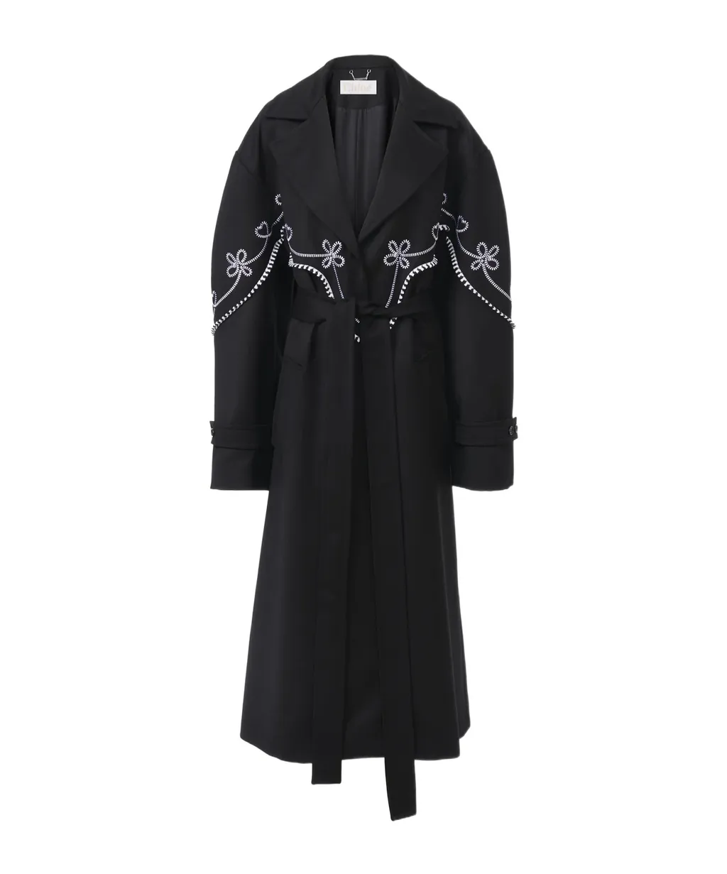 Motif-Embroidered Maxi Trench Coat
