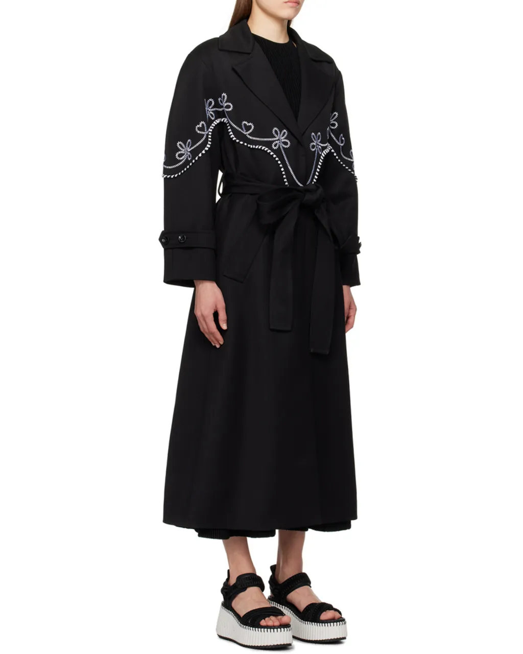 Motif-Embroidered Maxi Trench Coat