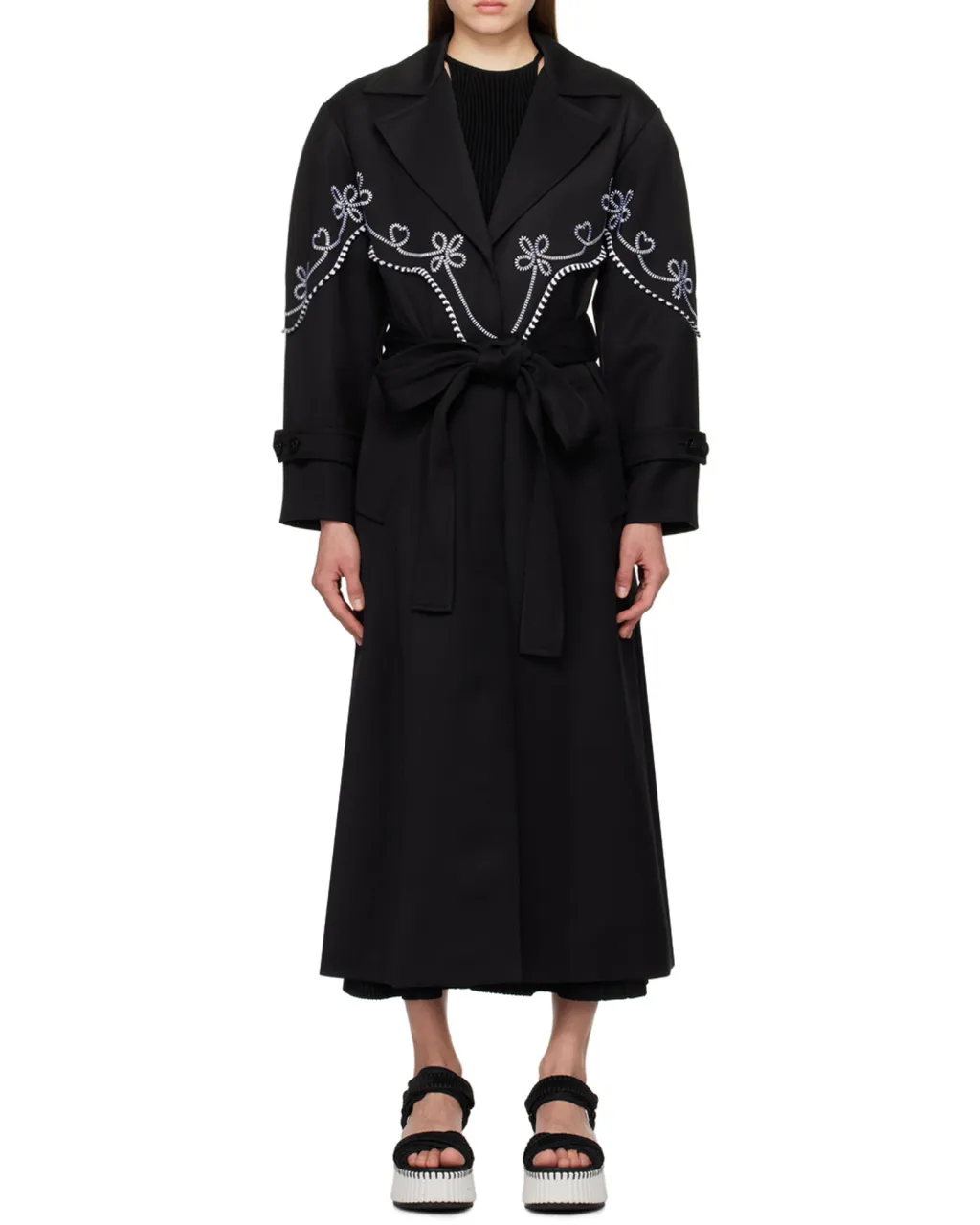Motif-Embroidered Maxi Trench Coat
