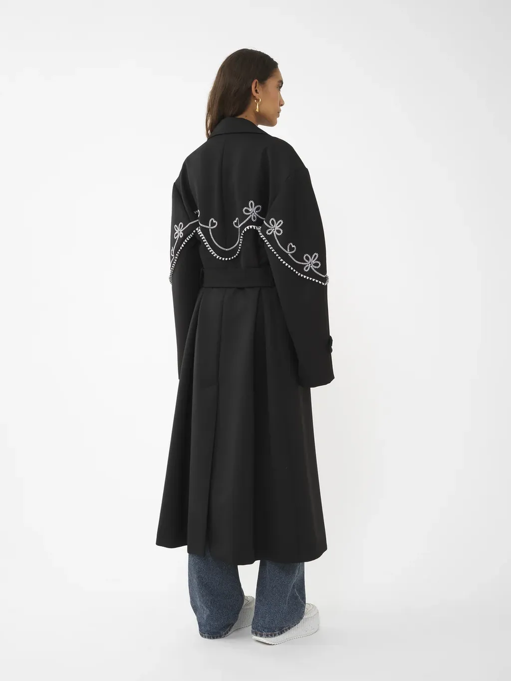 Motif-Embroidered Maxi Trench Coat