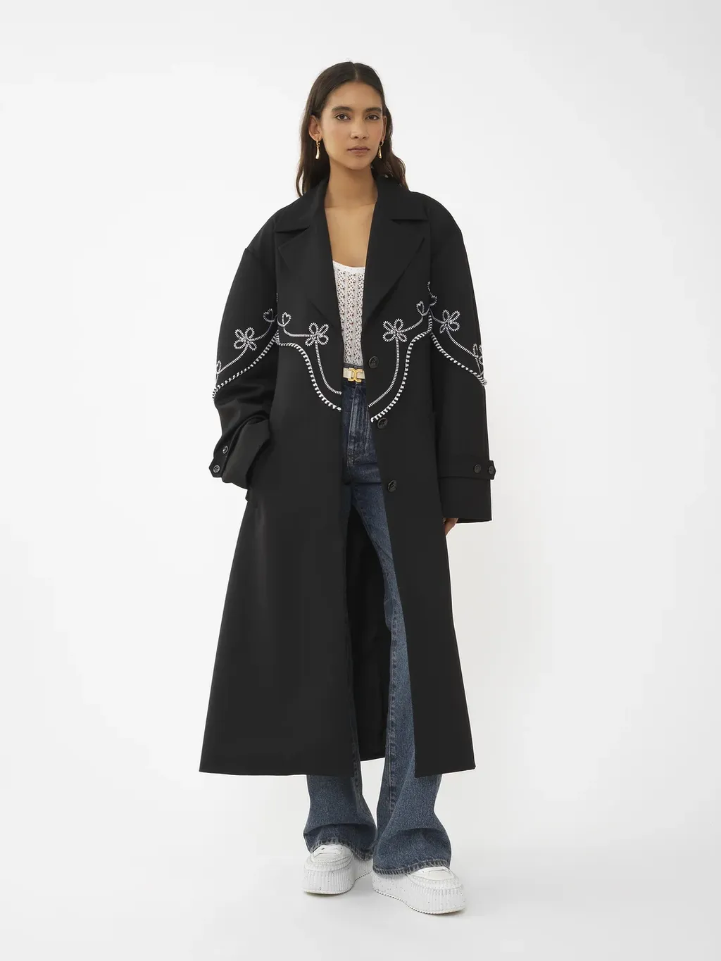 Motif-Embroidered Maxi Trench Coat