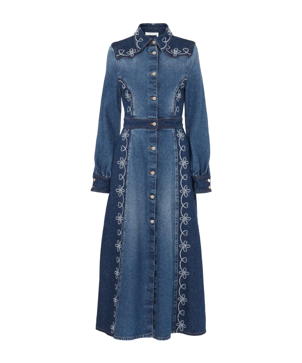 Embroidered Denim Shirt Dress
