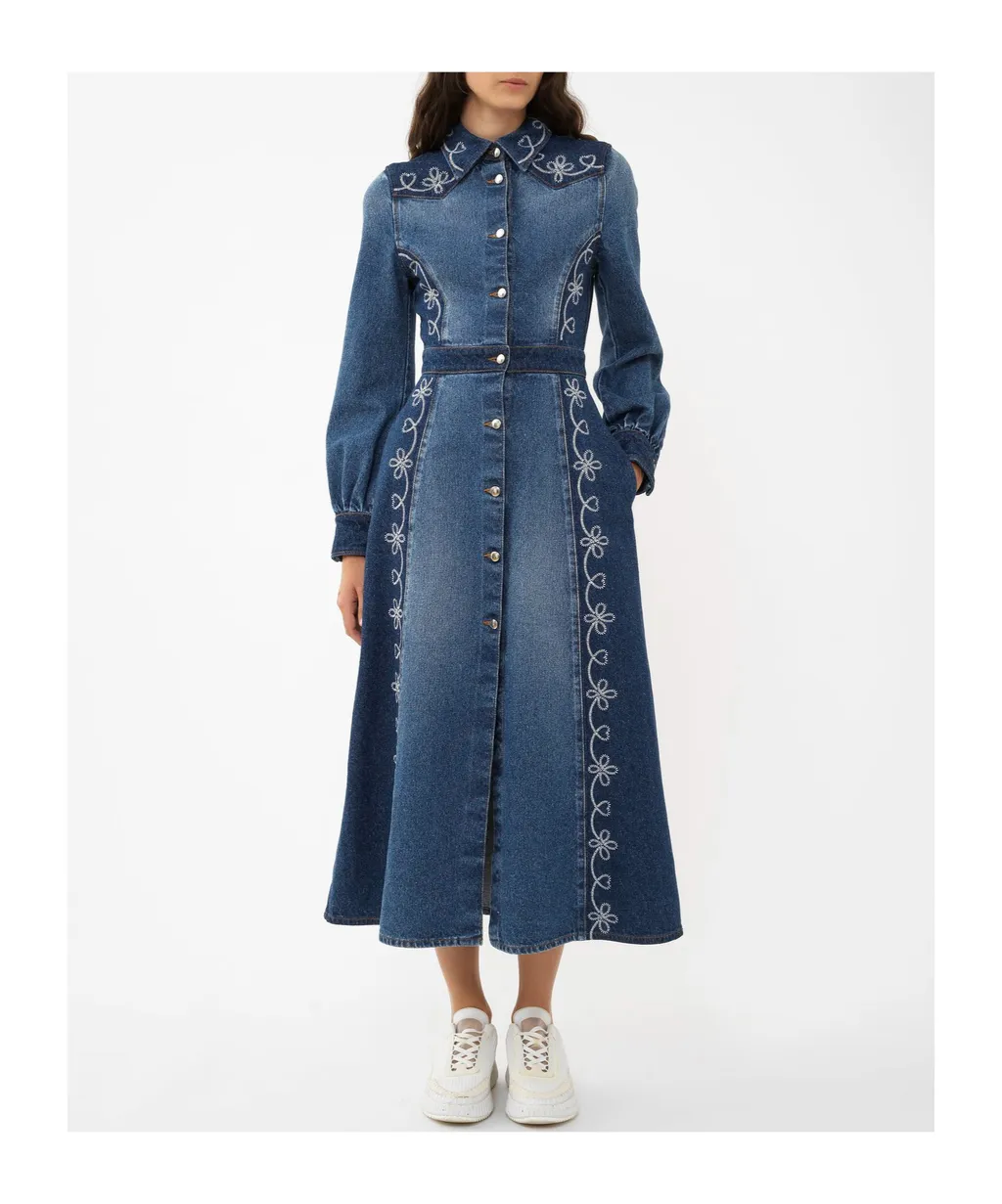 Embroidered Denim Shirt Dress