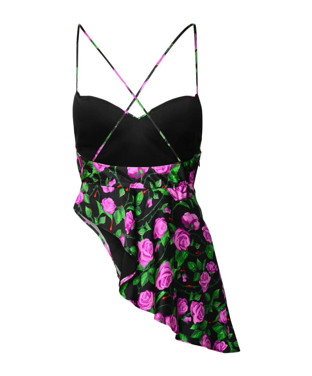 Rose Printed Asymmetrical Hem Top